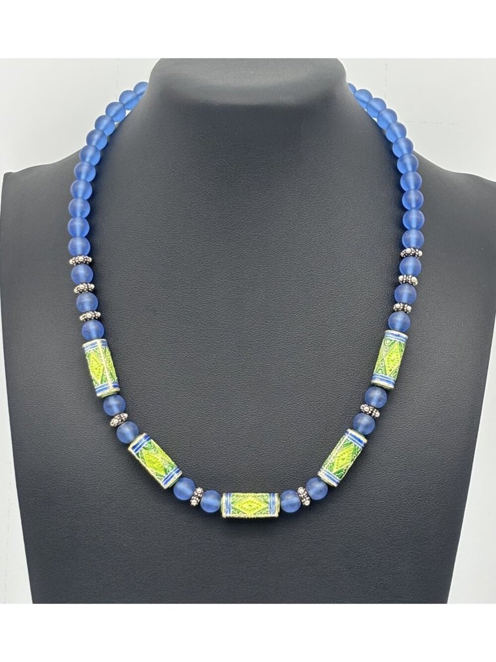 Artisan Crafted Frosted Sea Blue Round Glass Lime Green Tube Bead Sterling Clasp